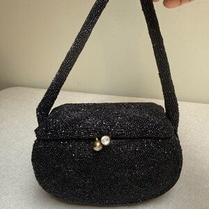 Vintage Walborg Handmade In Belgium Beaded Black Caviar Purse Original Mirror